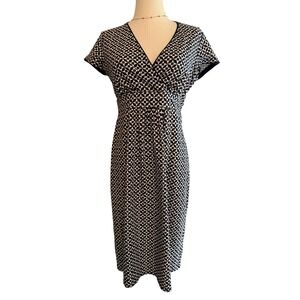 Boden Geometric Print Dress‎ V-Neck Career Casual Midi Blue White - Size M